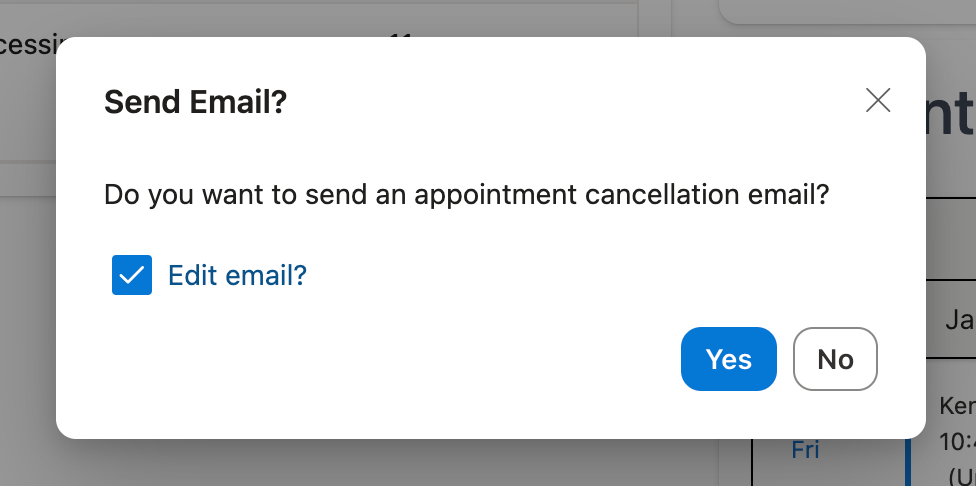 Send Email prompt for appointment cancelled email